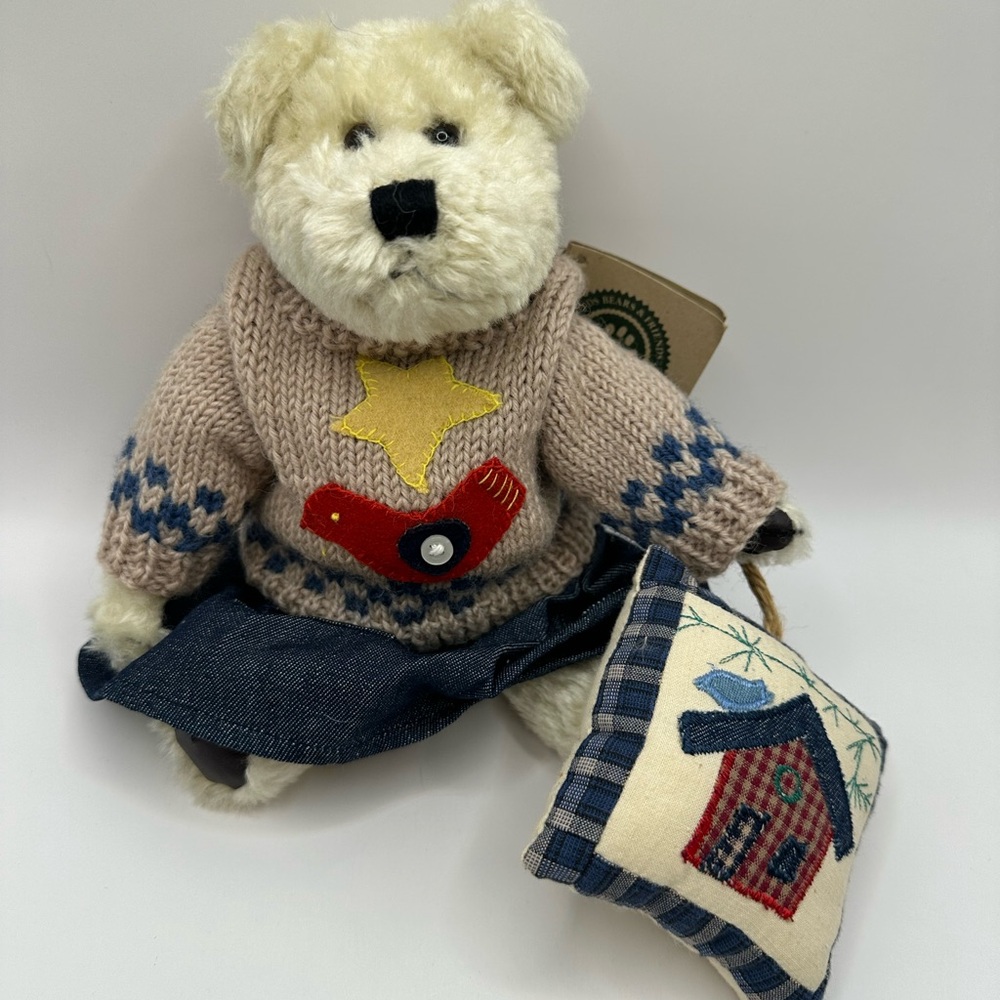 Boyds Bears Quilt Patch Bear Plush Denim Dress Sweater Bird Pillow cottagecore